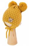 BABY NELLYS Zimná pletená čiapka Teddy Bear na zaväzovanie, horčicová, 68/80, (6-12m)