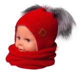 BABY NELLYS Zimná čiapka s fleecom a chlupáčka. bambuľky Star + komínok - červená