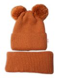 BABY NELLYS Zimná pletená čiapka + nákrčník - hnedá s brmbolcami