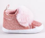 YO! Dojčenské topánky/capáčky lakovky Girl s kožušinou - ružový brokát