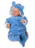 Baby Nellys Dvojvrstvový velúrový overal s kapucňou New Bunny, modrý, veľ. 80