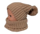 Pletená zimná čiapka s brmbolcom + komínček BABY NELLYS - bežová,veľ. 48-52cm