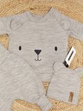 Pletená dojčenská sada 3D Medvedík, svetrík, tepláčiky + čiapočka Kazum, béžová, veľ. 74