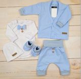 Bavlnená sada, body, nohavice, motýlik a čiapka Elegant Boy 5D, Kazum, modrá/biela, veľ.68