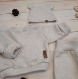 Pletená dojčenská sada 3D, svetrík, tepláčiky + čiapočka Kazum, piesková