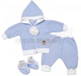 Baby Nellys 3-dielna súprava Hand made, pletený kabátik, kalhoty a topánočky,modrá, veľ.62