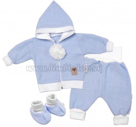 Baby Nellys 3-dielna súprava Hand made, pletený kabátik, kalhoty a topánočky,modrá, veľ.68