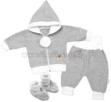Baby Nellys 3-dielna súprava Hand made, pletený kabátik, kalhoty a topánočky, sivá, veľ.68