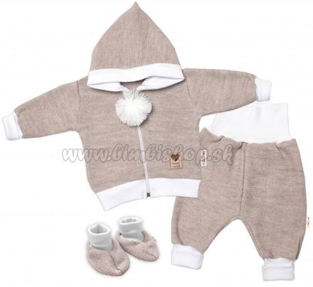 Baby Nellys 3-dielna súprava Hand made, pletený kabátik, kalhoty a topánočky, béžová