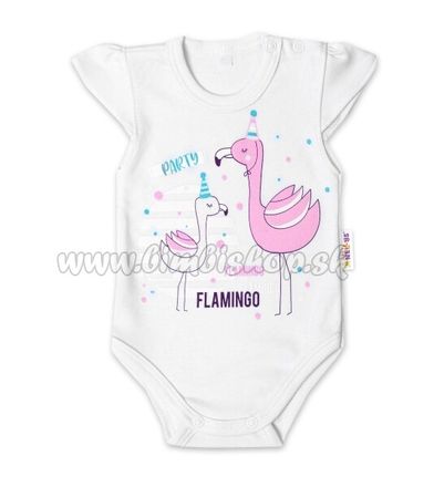 Baby Nellys Bavlnené dojčenské body, kr. rukáv, Flamingo - biele