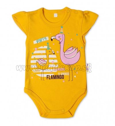 Baby Nellys Bavlnené dojčenské body, kr. rukáv, Flamingo - horčicove, veľ. 62