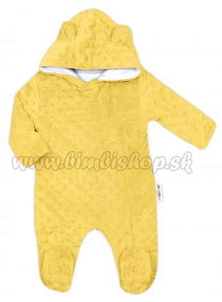 Baby Nellys Kombinézka /overal Minky s kapucňou a uškami -žltá