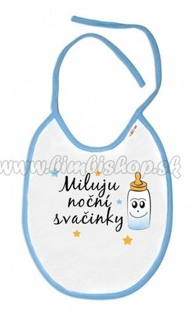 Baby Nellys Nepremokavý podbradník Miluju noční svačinky, 24 x 27 cm-biely s modrým lemom