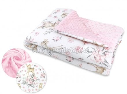 Baby Nellys Oteplená bavlnená deka s Minkami 100x75cm, Srnka a ruža - ružová