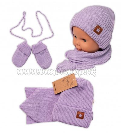 Baby Nellys Pletená čiapka so šálom a rukavičky 3v1, STAR - fialová