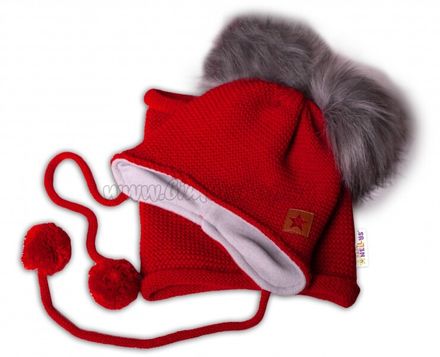BABY NELLYS Zimná čiapka s fleecom a chlupáčka. bambuľky Star + komínok - červená, 98/104