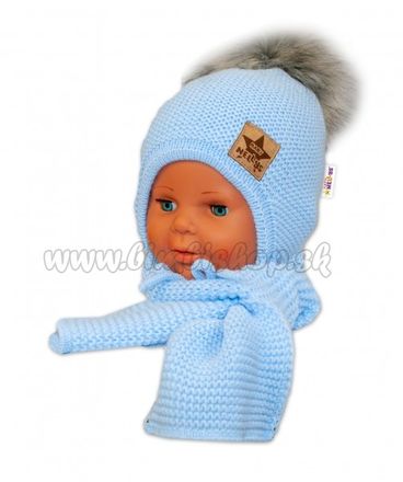 BABY NELLYS Zimná čiapočka s šálom - chlupáčková Bambulka - sv. modrá/sivá