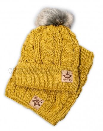 BABY NELLYS Zimná pletená čiapka s brmbolcom + komín, horčica, 52-56cm