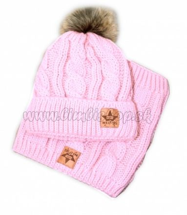 BABY NELLYS Zimná pletená čiapka s brmbolcom + komín, svetlo ružová - veľ. 104/116