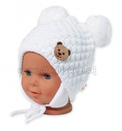 BABY NELLYS Zimná pletená čiapka Teddy Bear na zaväzovanie, biela, smotana, 68/80, (6-12m)