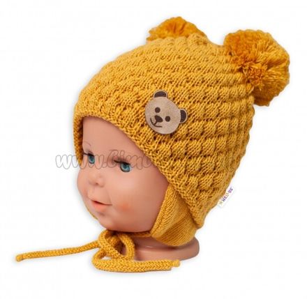 BABY NELLYS Zimná pletená čiapka Teddy Bear na zaväzovanie, horčicová