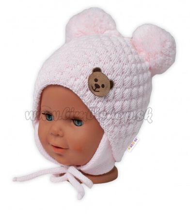 BABY NELLYS Zimná pletená čiapka Teddy Bear na zaväzovanie, ružová