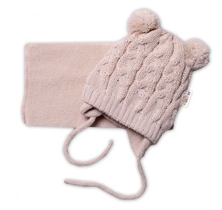 BABY NELLYS Zimná pletená čiapočka s šálom TEDDY - béžová s brmbolcami, vel. 62/68