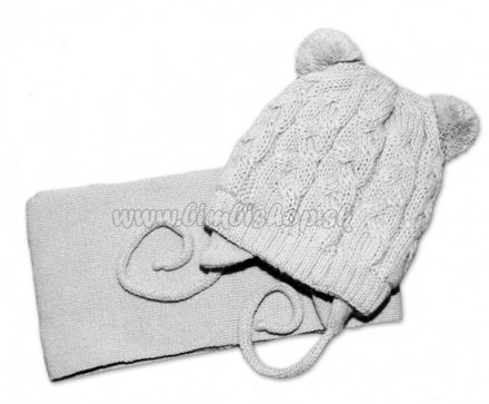 BABY NELLYS Zimná pletená čiapočka s šálom TEDDY - sivá s brmbolcami, vel. 62/68