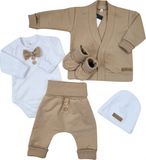 Bavlnená sada, body, nohavice, motýlik a čiapka Elegant Boy 5D, Kazum, mocca/biela, veľ.68