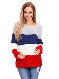 Be Maamaa Teploučký tehotenský sveter, široké pruhy - jeans, červená