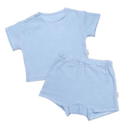 Detská letná mušelínová 2D sada tričko kr. rukáv + kraťasy, modré