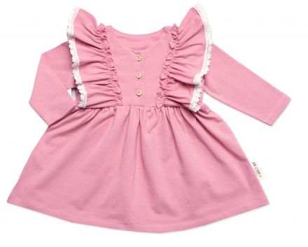 Dojčenské šaty dlhý rukáv s volánikmi Amálka, bavlna, Mrofi, púdrovo ružové, veľ. 74