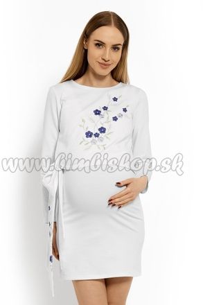 Be MaaMaa Elegantné tehotenské šaty, tunika s výšivkou a stuhou, XXL - biele (dojčiace)