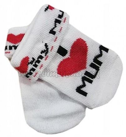 Dojčenské bavlnené ponožky I Love Mum, biele s potlačou
