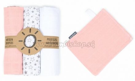 Mamo-Tato mušelínové plienky 3ks + žinka zadarmo - biela, hvězdičky, růžová