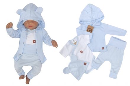 Novorodenecká sada 4D, body kr. rukáv, tepláčiky, kabátik a čiapočka Z&Z, modrá, veľ. 62