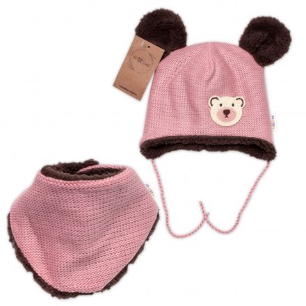 Pletená zimná čiapka s kožúškom a šatkou Teddy Bear, Baby Nellys, ružová, veľ. 80/86