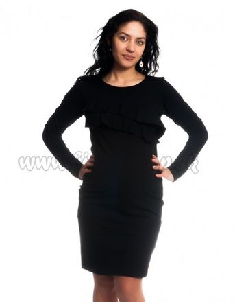 Be MaaMaa Tehotenské / dojčiace šaty z volánkom, dlhý rukáv - čierne, veľ. XL