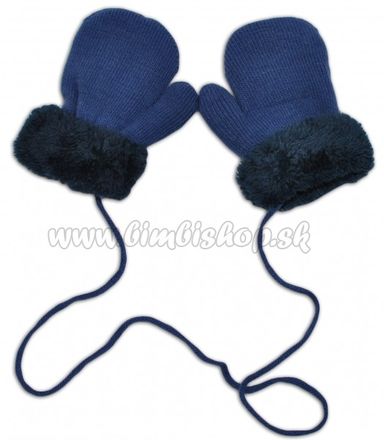 YO! Zimné detské rukavice s kožušinou - šnúrkou YO -jeans/granátová kožušina, 98/104