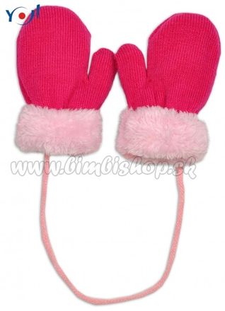 YO! Zimné detské rukavice s kožušinou - šnúrkou YO - malinová/ružová kožušina, 110
