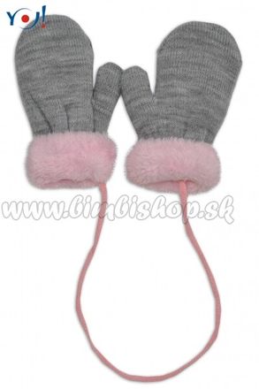YO! Zimné detské rukavice s kožušinou - šnúrkou YO - sivá/ružová kožušina, vel. 110