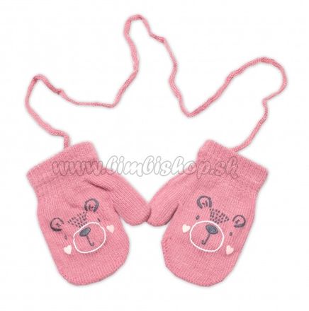 YO! Zimné dievčenské rukavičky so šnúrkou Medvídek - ružové, veľ. 98/104