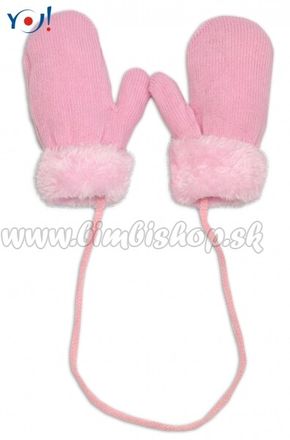 YO! Zimné dojčenské rukavičky s kožúškom - so šnúrkou YO-sv. ružové/ružový kožúšok, 98/104