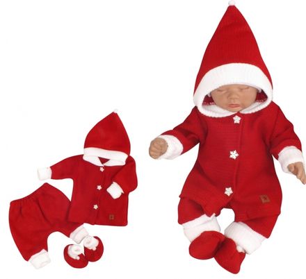 Z&Z 3-dielna pletená súprava, kabátik, nohavice a topánočky Baby Santa, červená, veľ. 74