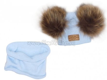 Z&Z Zimná čiapka s brmbolcami z kožušinky + komín, modrá, veľ. 68/80