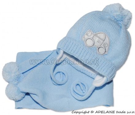 Zimná čiapočka s šálom - Autíčko sv. modré, 0-6m, Baby Nellys