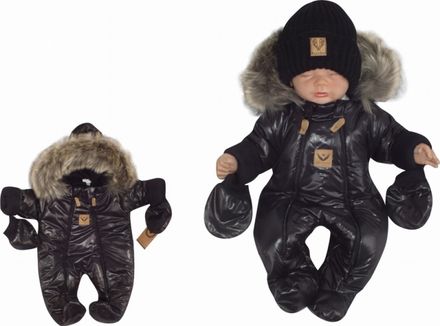 Zimná kombinéza s dvojitým zipsom, kapucňou a kožušinou+rukavičky, Z&Z Angel,čierny,veľ.74