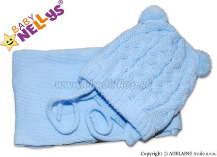 BABY NELLYS Zimná pletená čiapočka s šálom TEDDY - modrá s brmbolcami, vel. 62/68